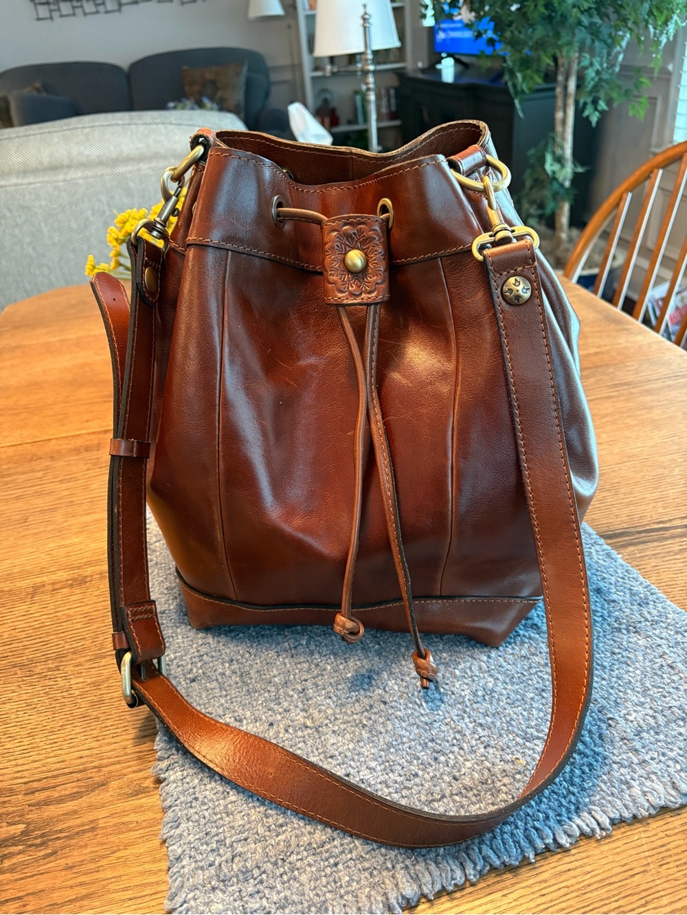 Patricia Nash Brown Leather Drawstring Hobo